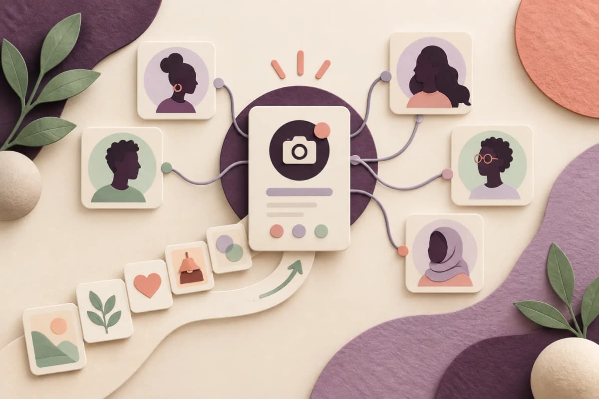 Illustrazione concettuale di un profilo collegato a schede che rappresentano il pubblico.
