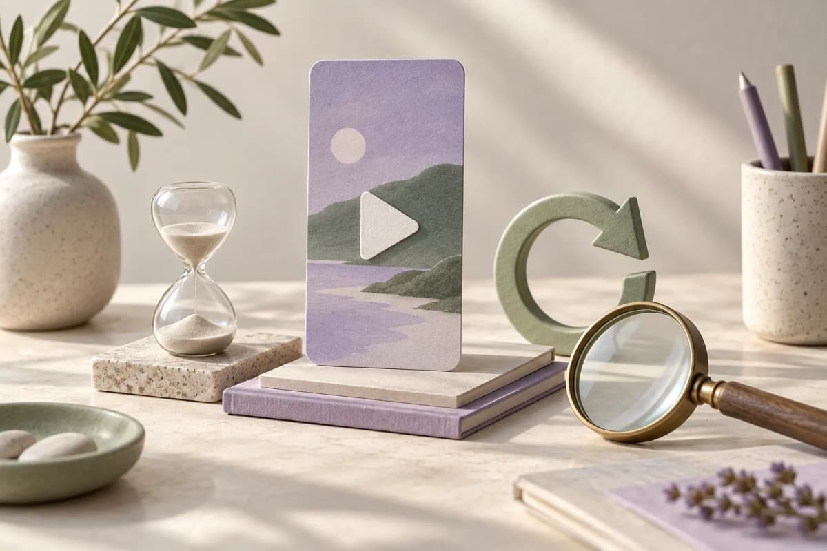 Illustrazione concettuale con una scheda video, una clessidra, una freccia circolare e una lente.