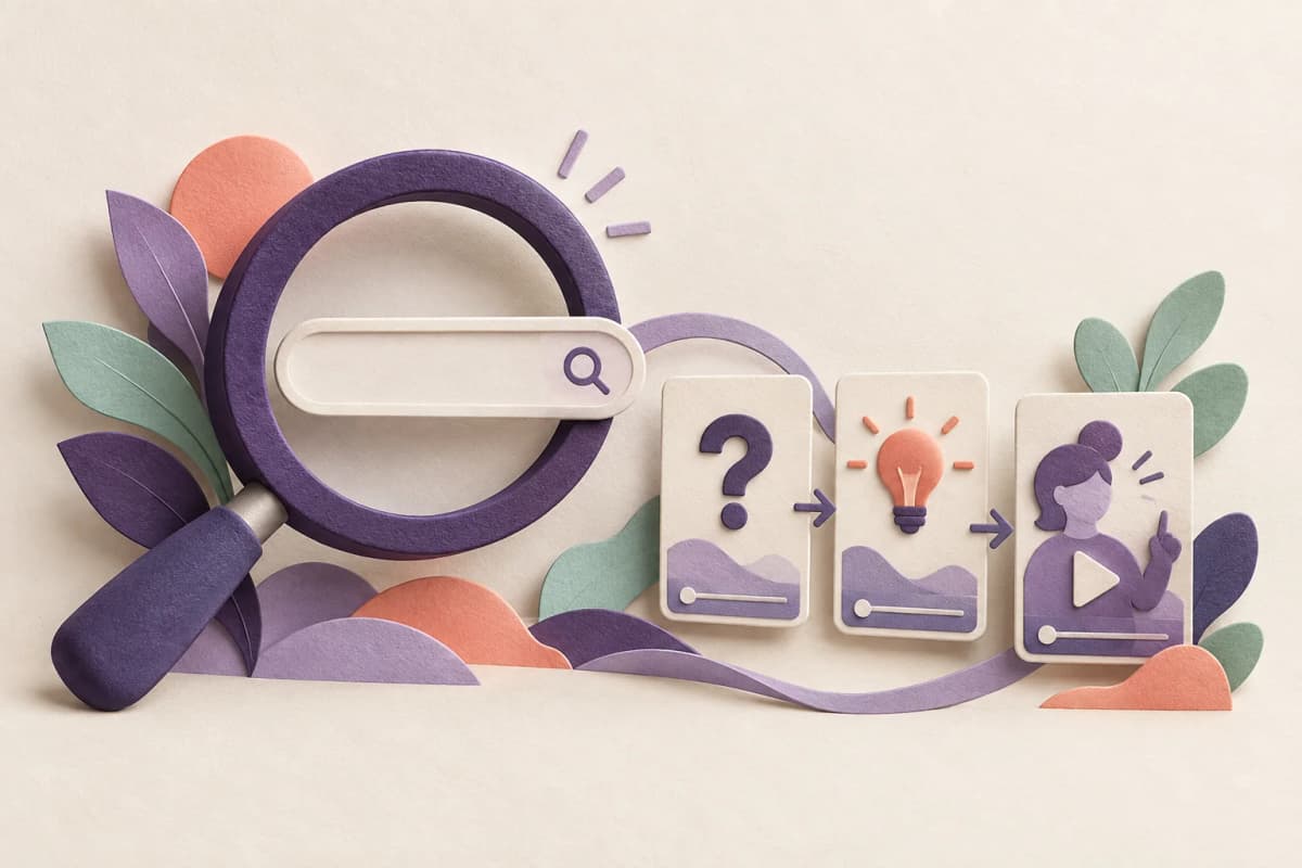 Illustrazione concettuale di carta con lente, domanda e progetto di un video.